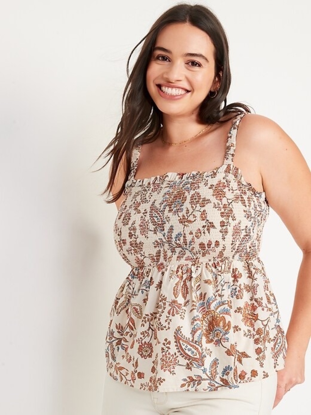 Old Navy Floral Smocked Peplum Cami Top Boho Cottagecore Cream Rust L